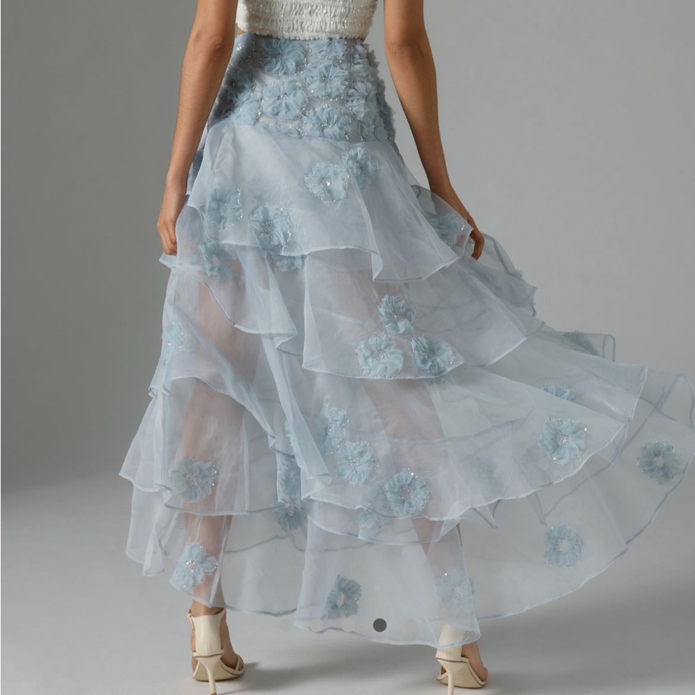 LoveShackFancy Light Blue Layered Skirt - Grover Tiered Floral Appliqué Skirt - Picture 2 of 8